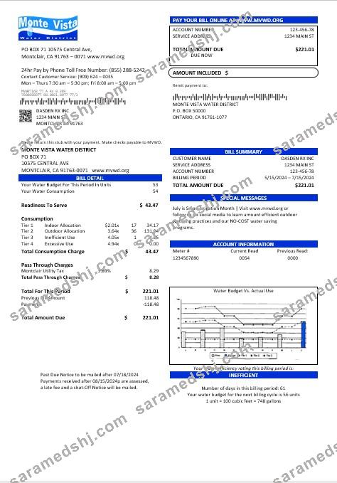 USA California Monte Vista Water District business utility bill template in Word and PDF formats